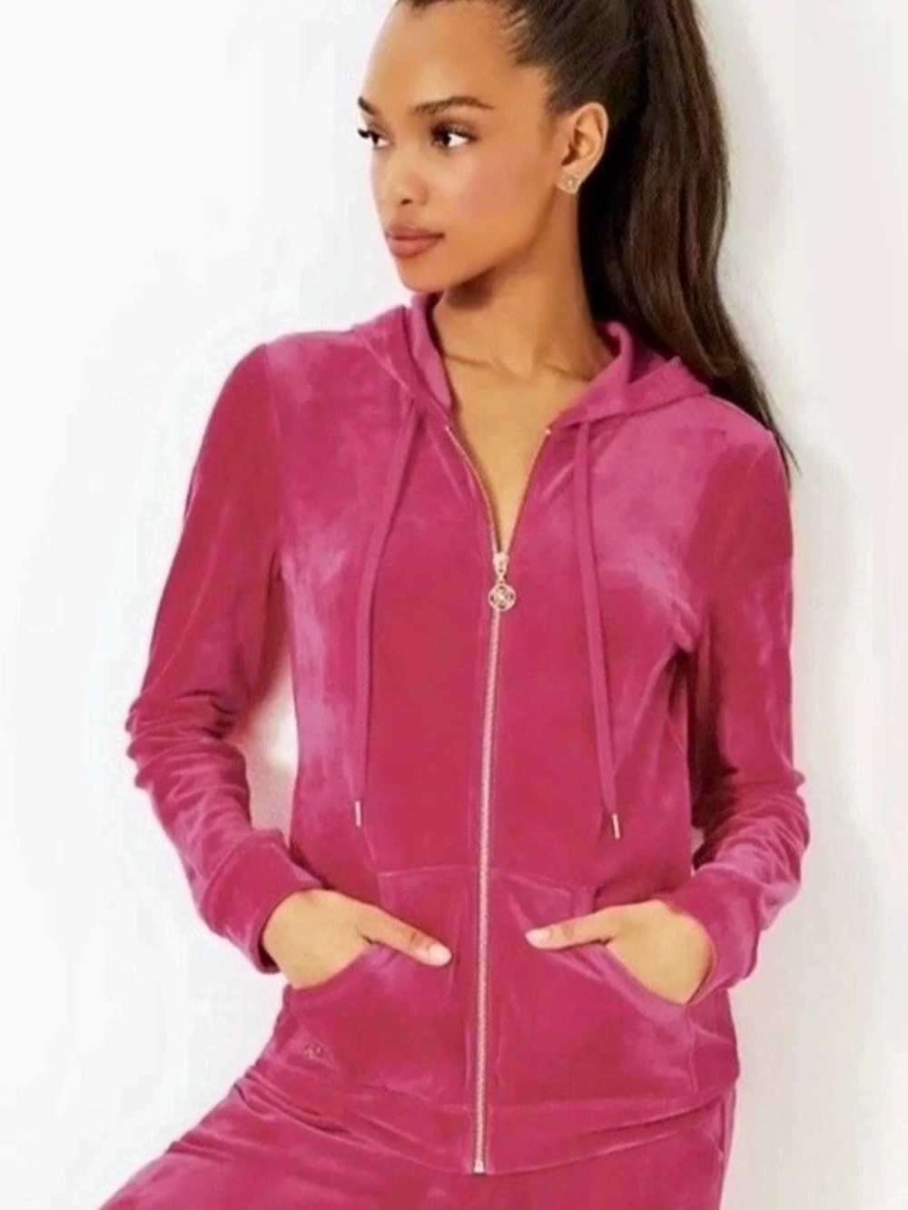 Lilly Pulitzer Larina Velour Zip-Up Hoodie Pink Large